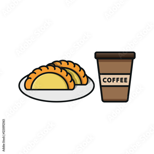 Drink and empanada set food icon represents a delicious snack pairing, perfect for café menus, street food designs, and bakery-themed illustrations.