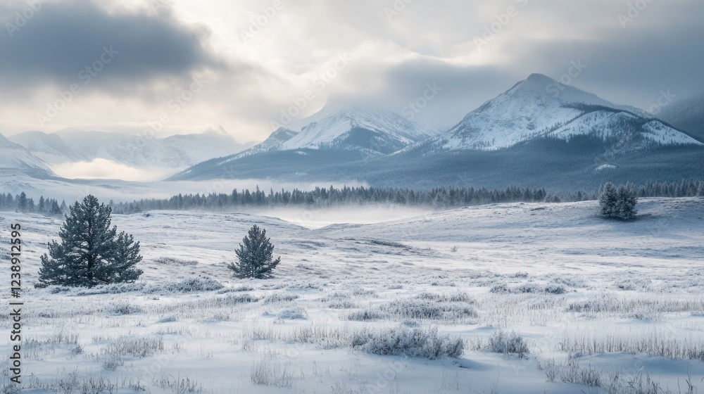 Fototapeta premium Snowy Mountain Landscape with Trees and Overcast Sky in Winter Season
