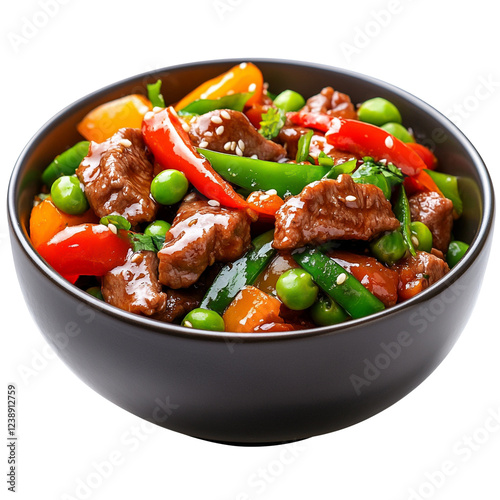A vibrant bowl of beef stir-fry with colorful vegetables.