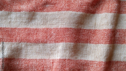 Close-up of red and beige striped woven fabric texture with visible fibers