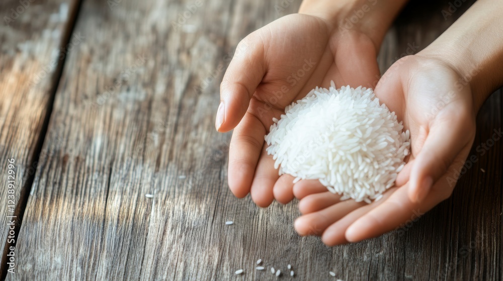 A pair of hands holds a mound of white rice, resting on a rustic wooden surface, highlighting the simplicity and purity of the grain. A pair of hands holds a mound of white rice, resting on a rustic wooden surface, highlighting the simplicity and purity of the grain.