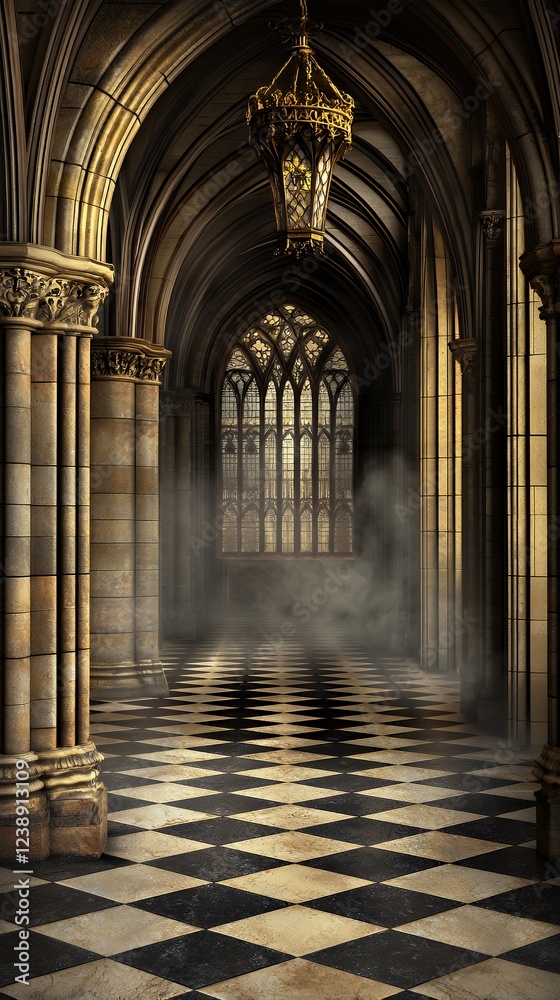 Fototapeta premium Mystical Gothic Cathedral Hallway: A Digital Painting of an Enchanting Medieval Corridor
