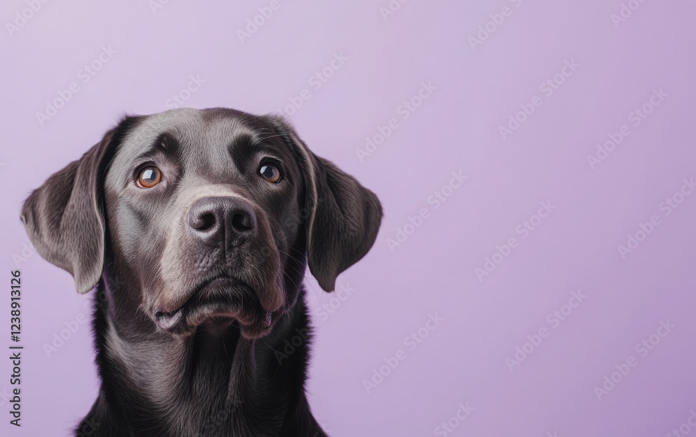 A grey Labrador dog looking towards the viewer, placed on a smooth, pastel lavender background. A grey Labrador dog looking towards the viewer, placed on a smooth, pastel lavender background.