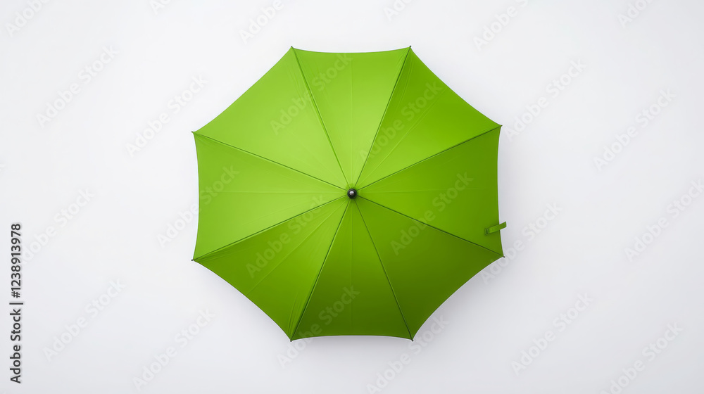 flat lay of vibrant green umbrella showcasing its unique design and structure. This captures essence of protection and style, perfect for various creative projects