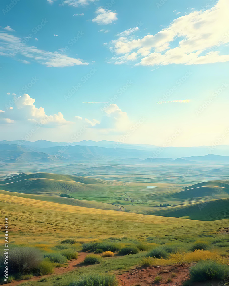 a vast, rolling landscape of hills and fields stretching towards distant mountains under a bright blue sky with scattered clouds a vast, rolling landscape of hills and fields stretching towards distant mountains under a bright blue sky with scattered clouds