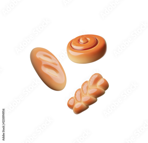 Set of 3D bread of various shapes: loaves and a bun on a white background