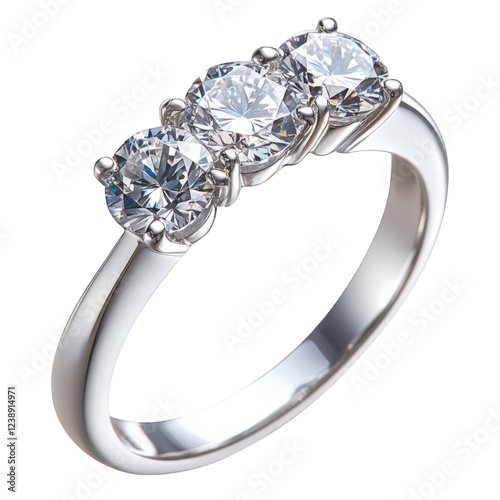 Three stone diamond ring representing love and commitment, featuring sleek silver band and sparkling round diamonds. timeless piece for special occasions