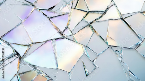 shattered mirror surface with intricate spider web patterns, prismatic light refractions creating rainbow effects, sharp edges and geometric fragments against pure white backdrop