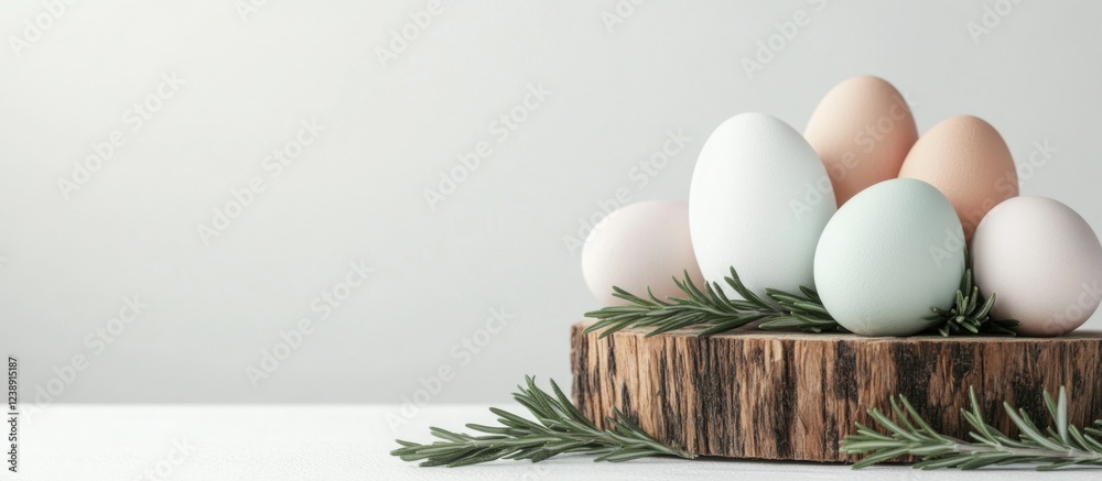 Fototapeta premium Assorted farm fresh eggs on wooden platter with rosemary sprigs against neutral background and copy space