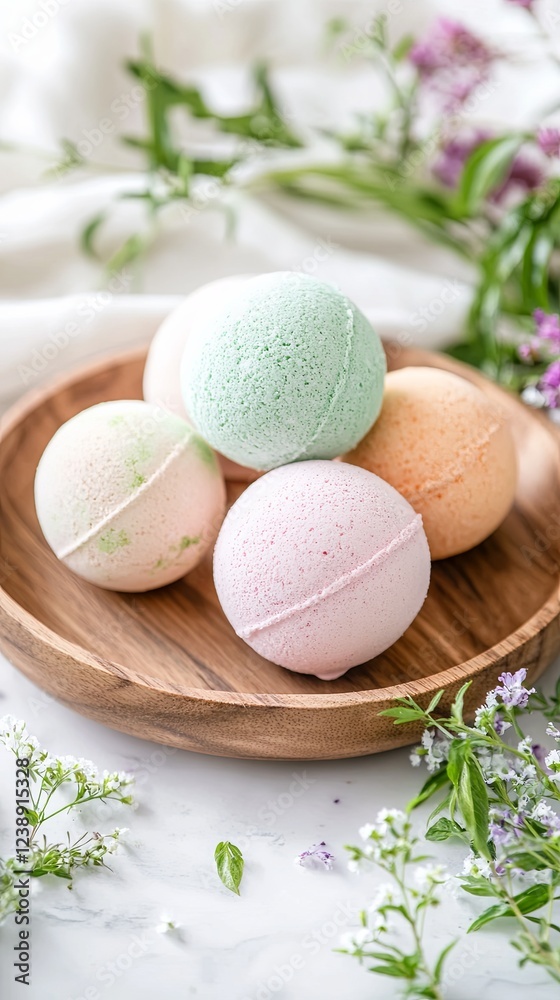 Herbal bath bombs in pastel shades placed on a wooden tray. Herbal bath bombs in pastel shades placed on a wooden tray.