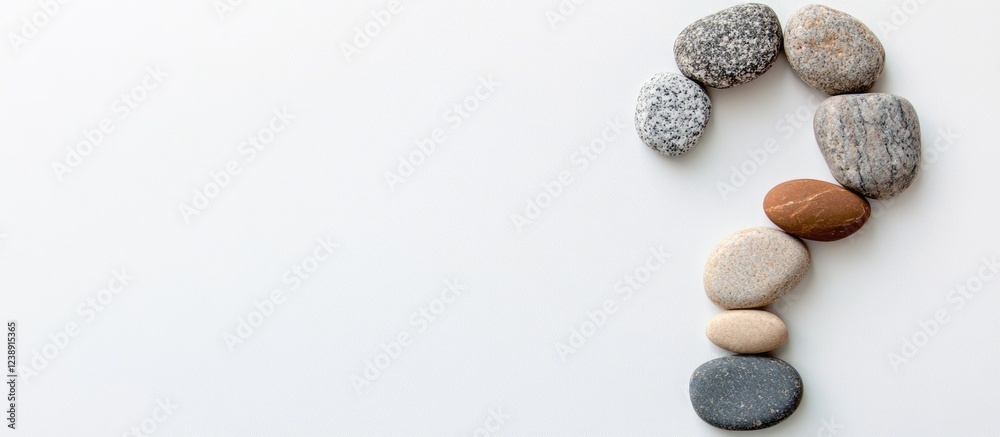 Smooth stones arranged in a question mark shape on white background with copy space Smooth stones arranged in a question mark shape on white background with copy space