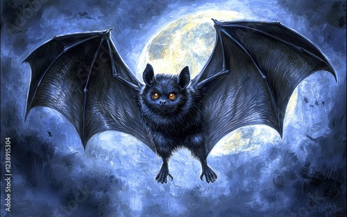 A vivid illustration of a bat flying in the moonlight, its wings stretched wide. The scene is tinged with an eerie glow, symbolizing its role as a reservoir for zoonotic diseases like rabies  photo