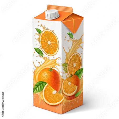 Realistic Detailed 3D Orange Juice Pack with Citrus Fruit and Splash photo