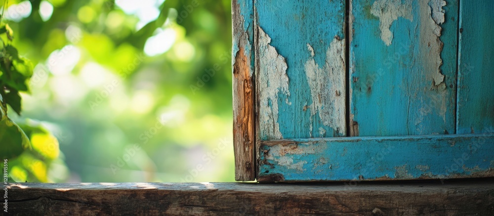 Rustic Blue Wooden Shutter Peeling Paint with Green Blurred Foliage Background and Copy Space Rustic Blue Wooden Shutter Peeling Paint with Green Blurred Foliage Background and Copy Space