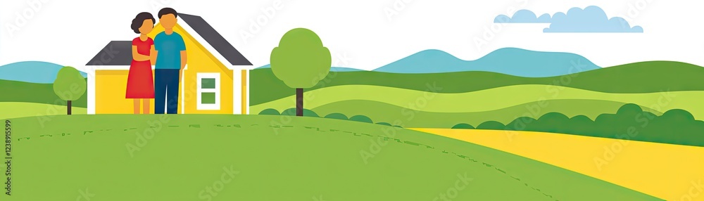 Couple standing near house, idyllic rural landscape Couple standing near house, idyllic rural landscape