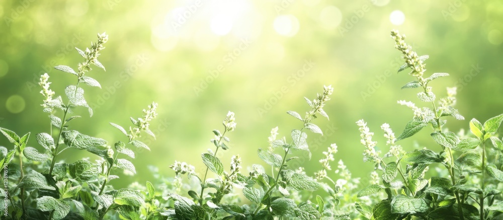 Fresh Green Basil Plants Against Blurred Sunlit Background with Copy Space Fresh Green Basil Plants Against Blurred Sunlit Background with Copy Space