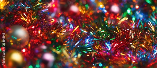 Colorful Christmas Tinsel and Ornaments with Bokeh Effect Background