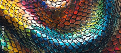 Close-up view of vibrant multicolored snake scales with intricate pattern photo