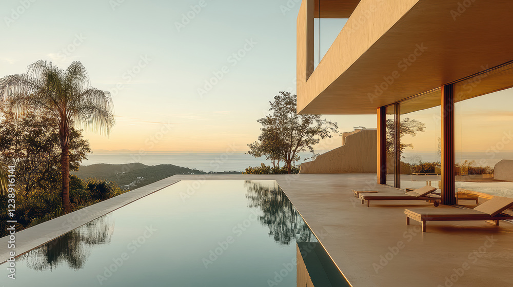 Fototapeta premium A modern terrace with an infinity pool overlooks a breathtaking coastal view bathed in soft evening light, merging minimalist design with sublime nature.