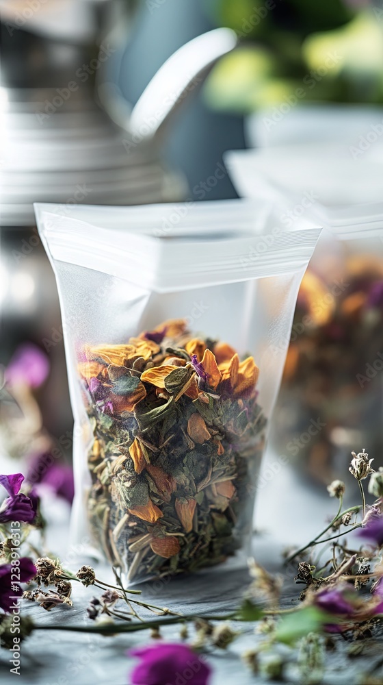Herbal-infused tea bags for a beauty detox, styled in a wellness setting. Herbal-infused tea bags for a beauty detox, styled in a wellness setting.