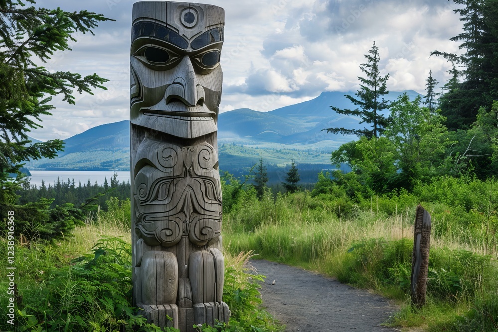Weathered totem pole is overlooking a mountain lake in the pacific northwest Weathered totem pole is overlooking a mountain lake in the pacific northwest