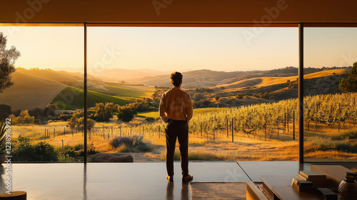 A lone figure gazes across vast, golden vineyard hills at sunset, experiencing the ultimate tranquil connection with nature through the expansive window view.