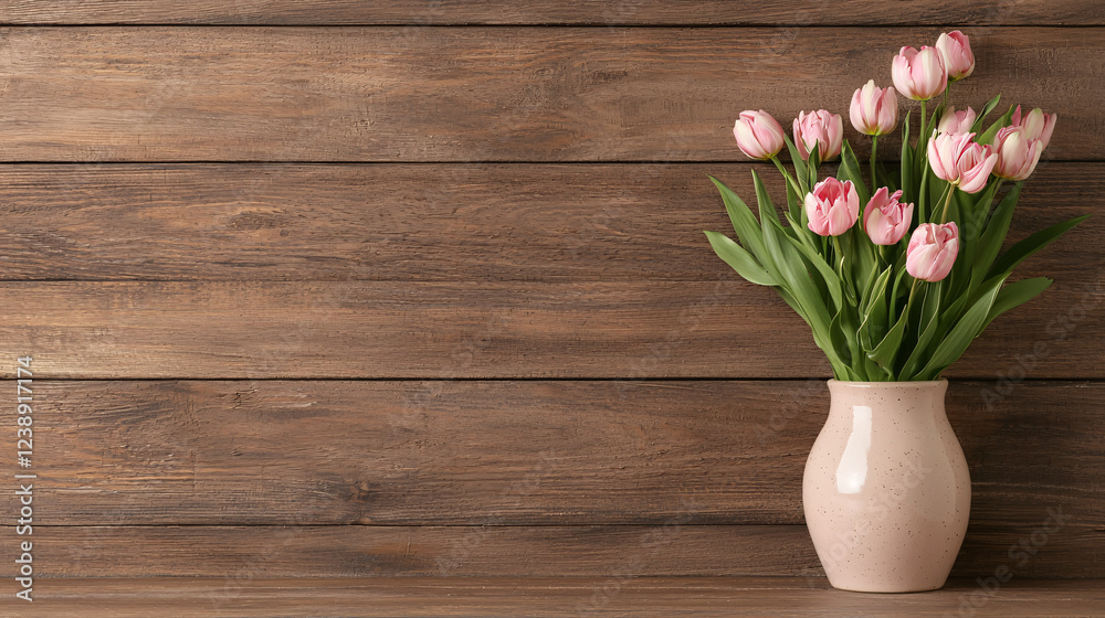 A beautiful arrangement of pink tulips in a ceramic vase on a wooden table with rustic background