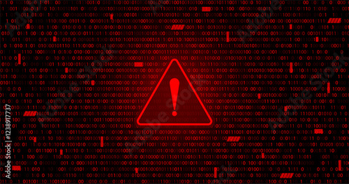 red binary numbers falling matrix corrupted data with hazard sign to warning or danger about cyber attack or hacking network
