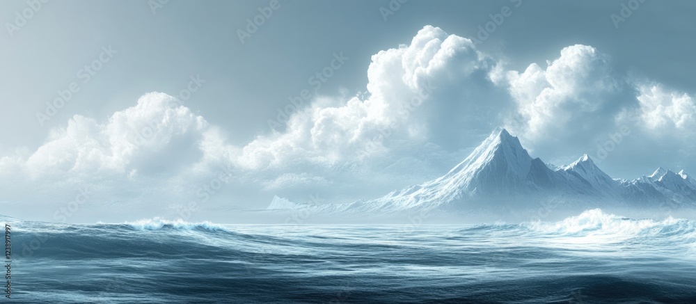 Fototapeta premium Mountainous Iceberg in Arctic Ocean with Cloudy Sky and Sea Waves
