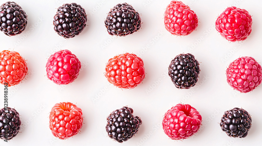 Fresh assortment of raspberries and blackberries arranged neatly on a white background Fresh assortment of raspberries and blackberries arranged neatly on a white background