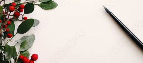 Pen on Blank Paper with Red Berries and Greenery on Left Side with Copy Space