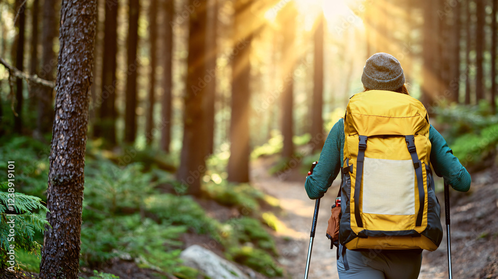 Hiker with Yellow Backpack Walking Through Sunlit Forest Trail Surrounded by Greenery Hiker with Yellow Backpack Walking Through Sunlit Forest Trail Surrounded by Greenery