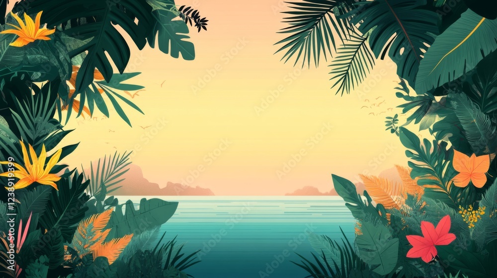 Naklejka premium Tropical Sunset Ocean View with Lush Green Foliage