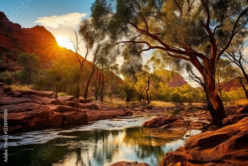 Scenic landscape with red rocks, trees and river flowing through kings canyon at sunset in watarrka national park photo