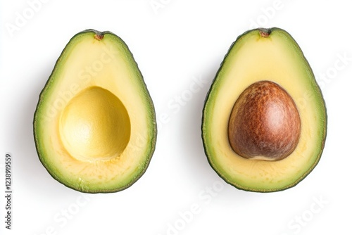 A vibrant, fresh avocado is cut in half, showcasing its creamy green flesh and a large brown pit, highlighting its delicious and nutritious qualities.