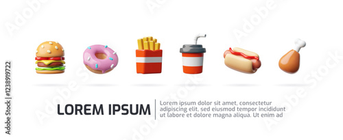 Vector 3d illustration of banner with fast food icons on isolated background with place for text.