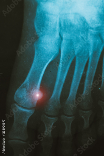 Vertical X-ray scan of a tumor metatarsal bone.