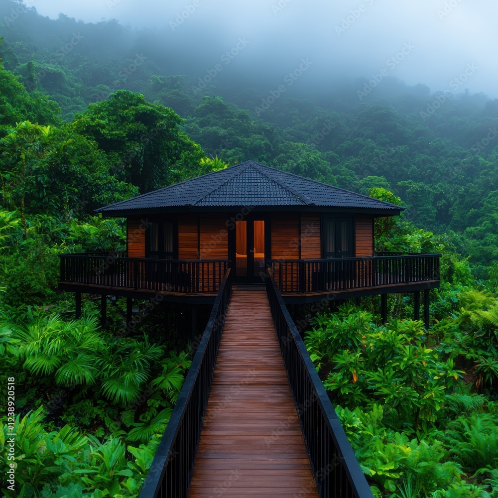 Serene rainforest retreat with hanging bridges and ecolodges misty atmosphere wide-angle view nature bliss Serene rainforest retreat with hanging bridges and ecolodges misty atmosphere wide-angle view nature bliss