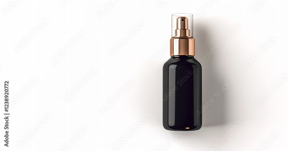 Packaging design for skincare products: a blank, matt black bottle with a clear lid and a gold fine mist sprayer, isolated on a white background, Generative AI. Packaging design for skincare products: a blank, matt black bottle with a clear lid and a gold fine mist sprayer, isolated on a white background, Generative AI.