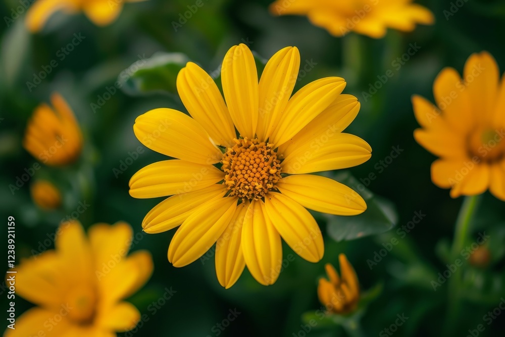 Single vibrant yellow daisy blooming in a garden setting Single vibrant yellow daisy blooming in a garden setting