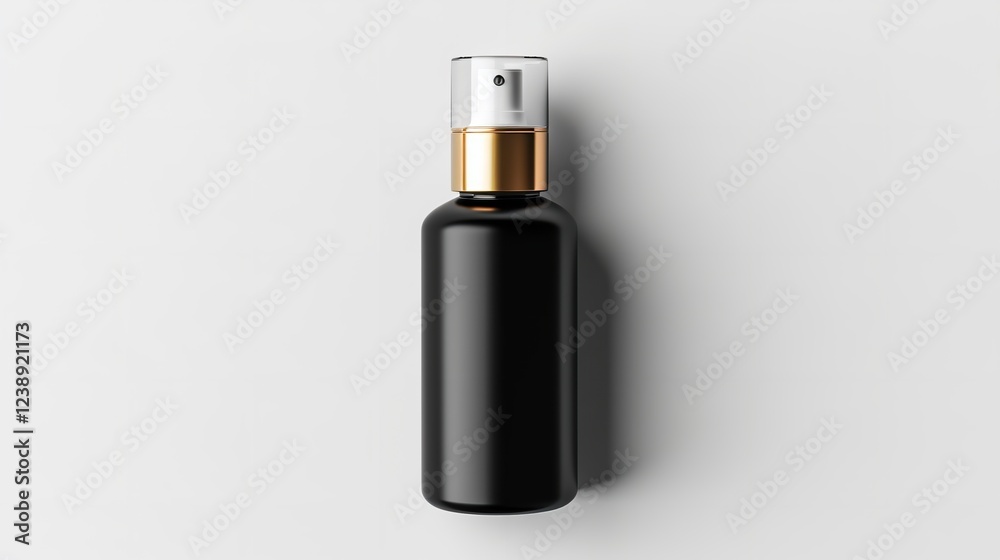 Packaging design for skincare products: a blank, matt black bottle with a clear lid and a gold fine mist sprayer, isolated on a white background, Generative AI. Packaging design for skincare products: a blank, matt black bottle with a clear lid and a gold fine mist sprayer, isolated on a white background, Generative AI.