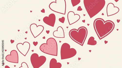 Heartfelt Celebration: A gentle wave of hearts in varying shades of pink and red, creating a romantic and celebratory mood. Perfect for Valentine's Day, wedding invitations.