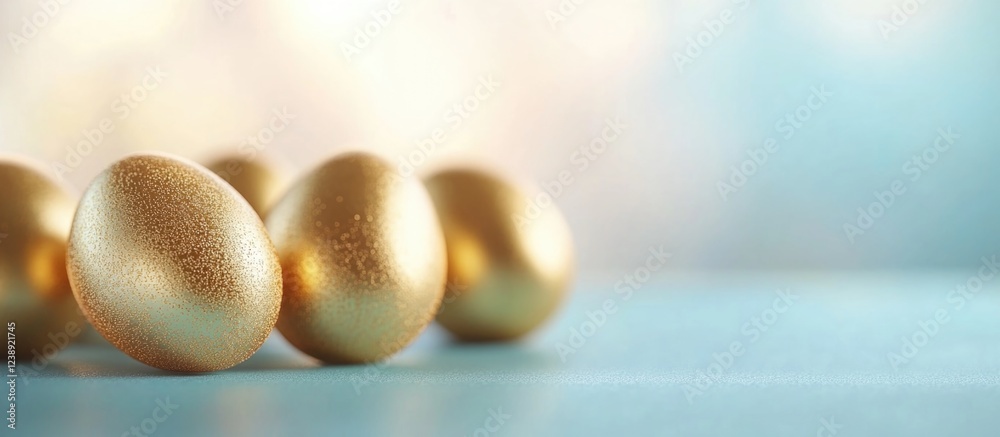 Naklejka premium Golden eggs on light blue surface with soft focus background and ample copy space