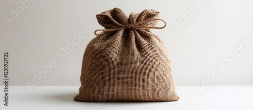 Burlap sack tied with rope on plain white background with copy space photo