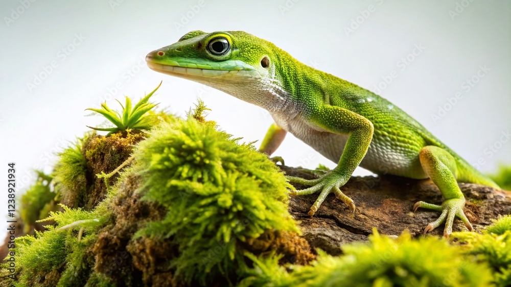 Fototapeta premium Green Anole Lizard on Branch, Vivid Color Reptile Stock Photo