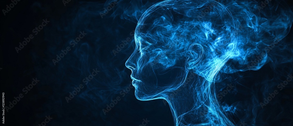 Blue smoke silhouette of a woman's profile on black background Blue smoke silhouette of a woman's profile on black background