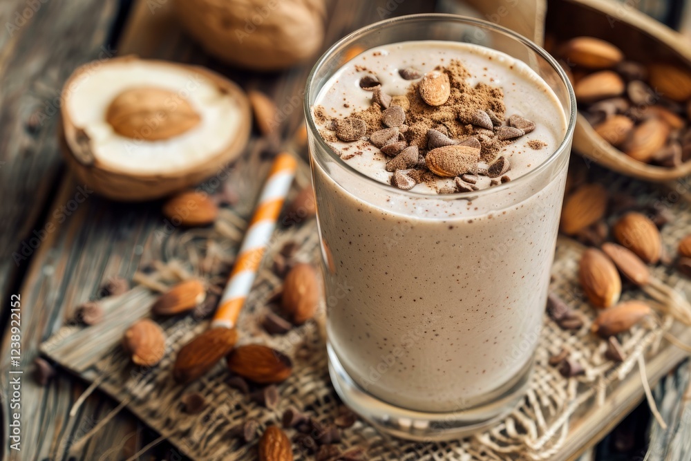 Protein shake topped with chocolate chips, cocoa powder, and almonds, making a healthy and delicious drink Protein shake topped with chocolate chips, cocoa powder, and almonds, making a healthy and delicious drink