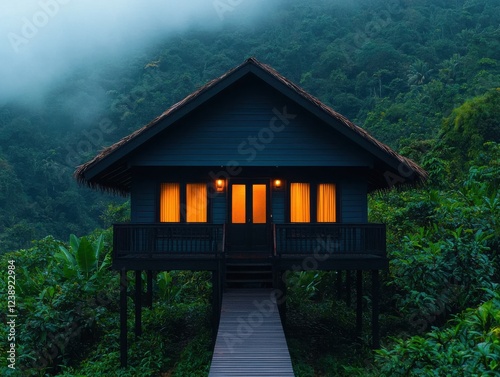 Enchanting night at a serene treehouse ecoresort surrounded by misty jungle cinematic elegance and vibrant lanterns photo