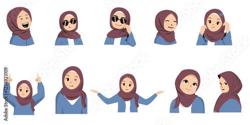 Woman Cute Hijab Illustration Set