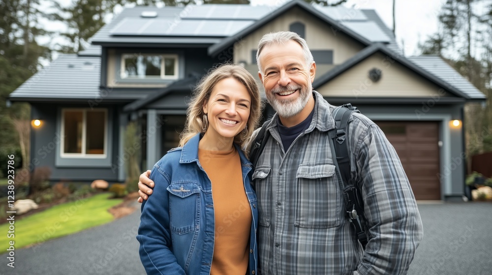 A happy couple stands smiling in the driveway of a large house with solar panels installed A happy couple stands smiling in the driveway of a large house with solar panels installed
